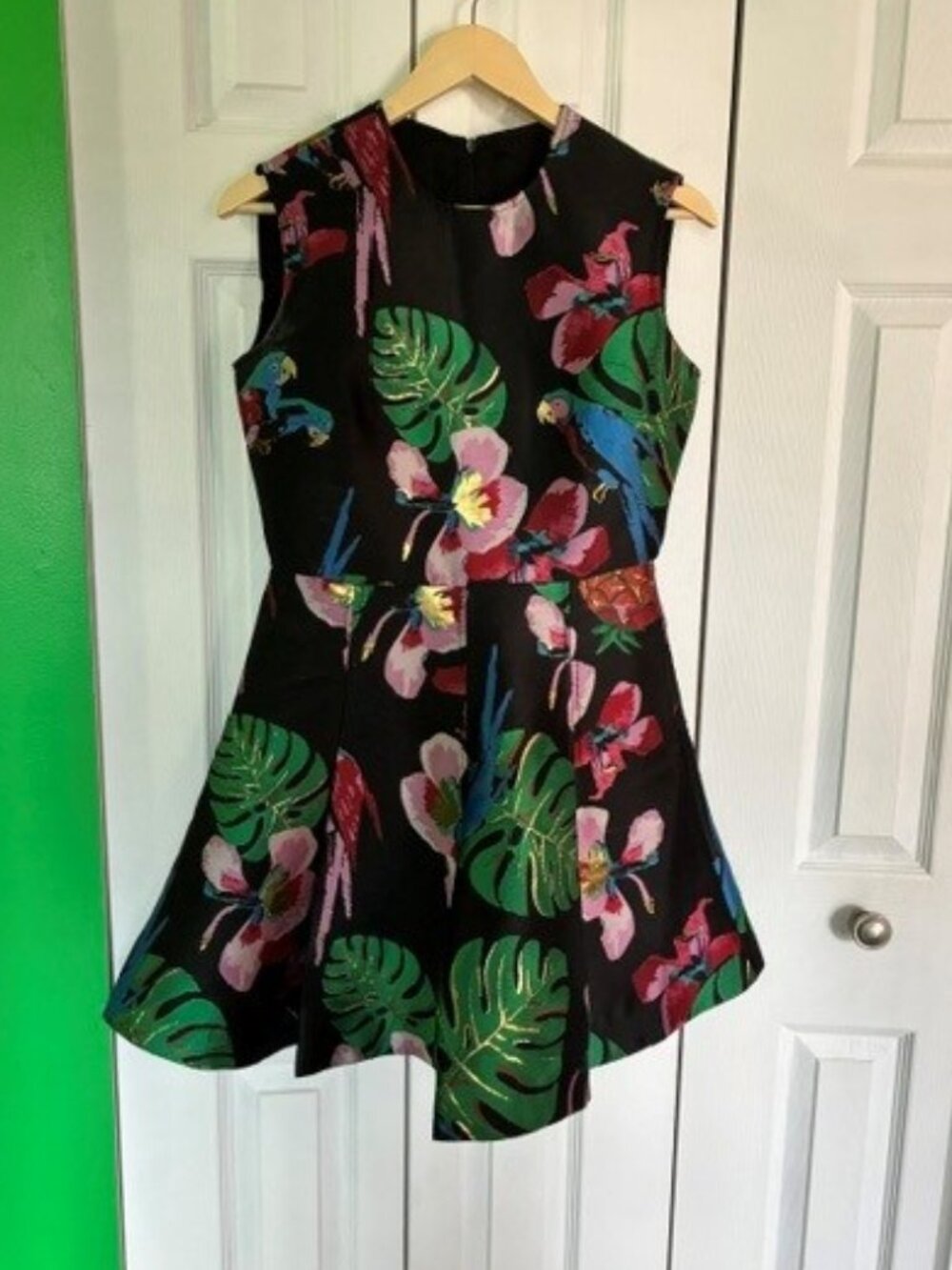 Brocade Tropical Parrot Print Mini Dress